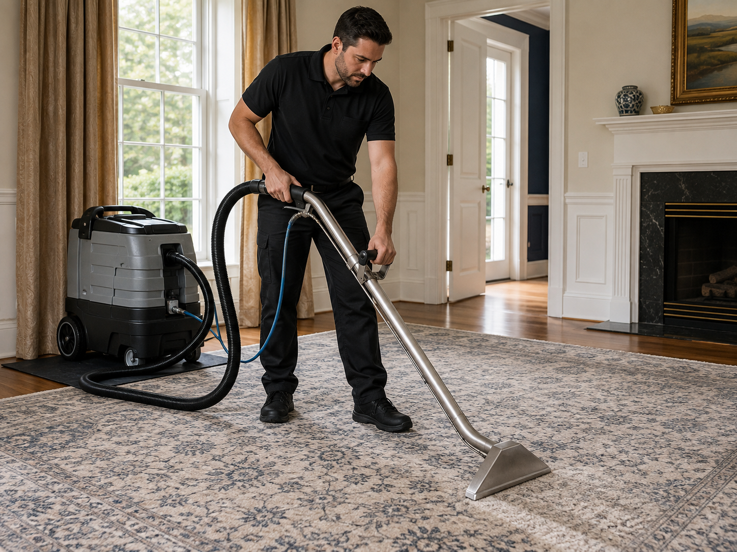 Technician using a professional extraction wand on an area rug