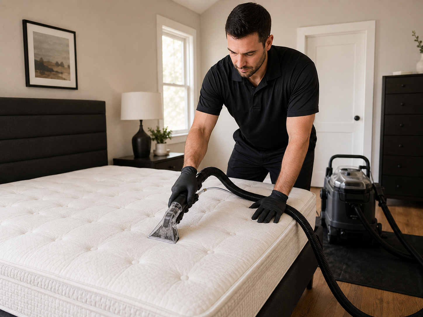 Technician using a professional upholstery extraction tool on a mattress