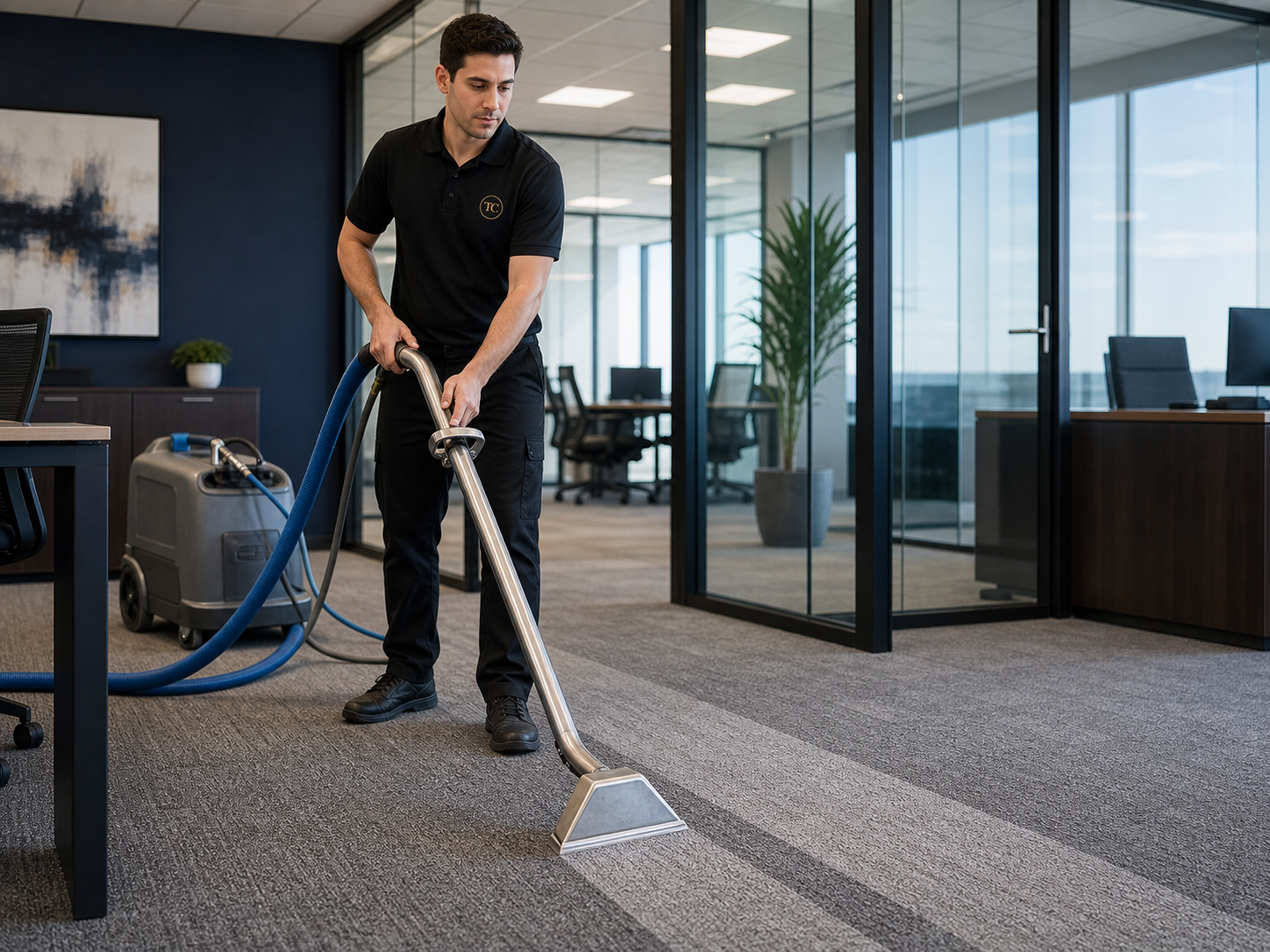 Professional extraction cleaning on commercial carpet