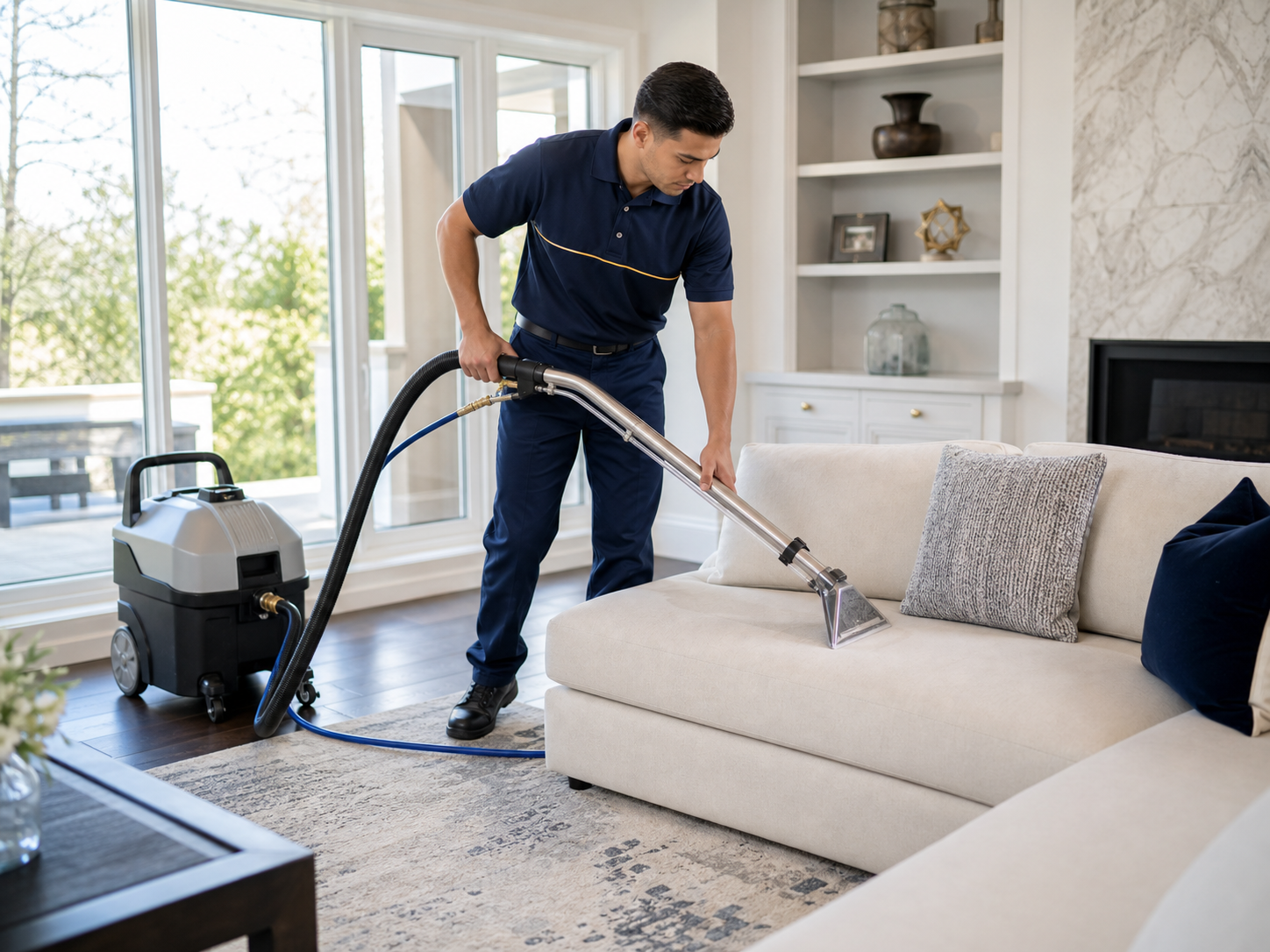 Professional extraction cleaning on a sofa