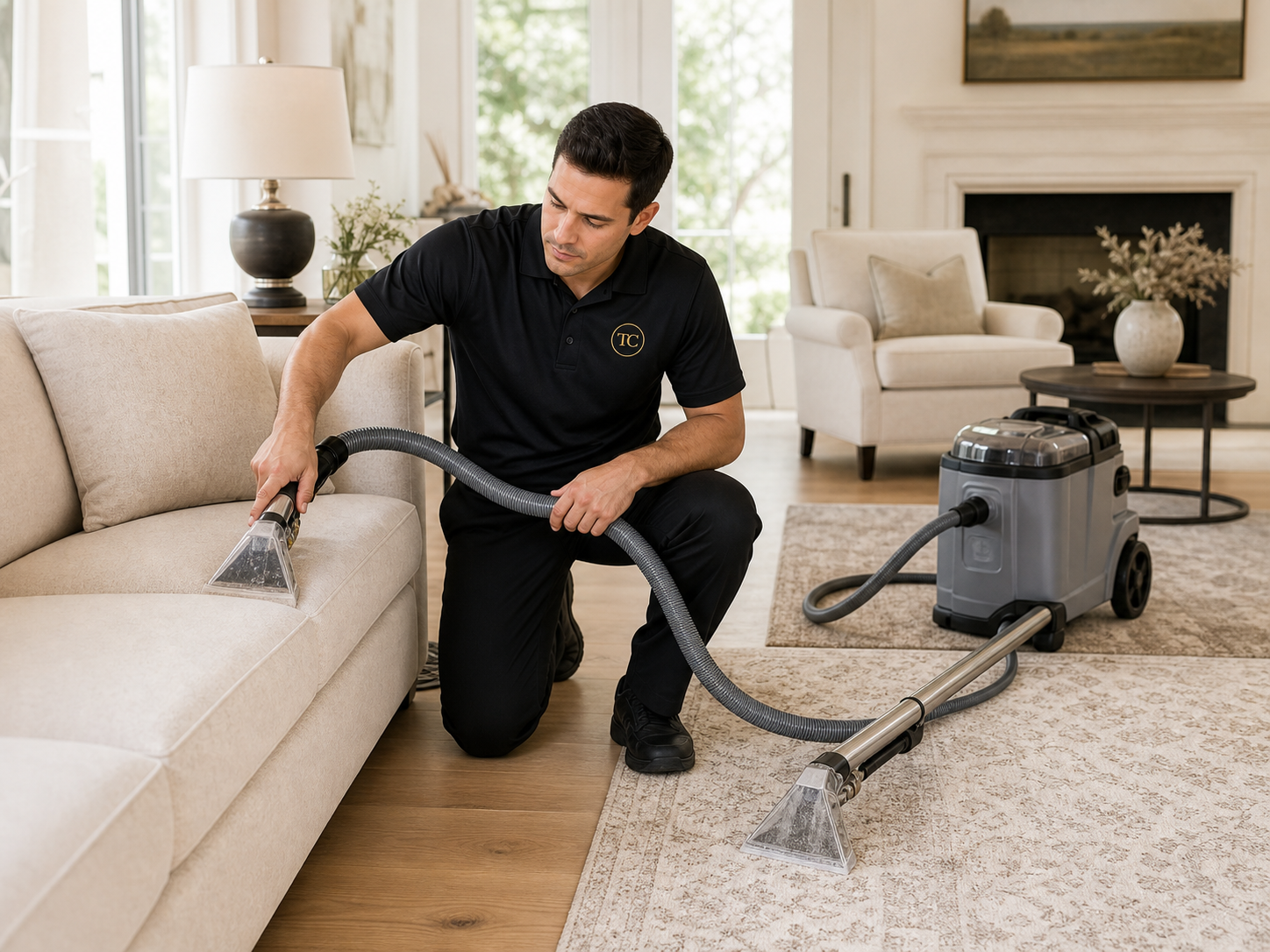 Professional cleaning of a sofa beside an area rug